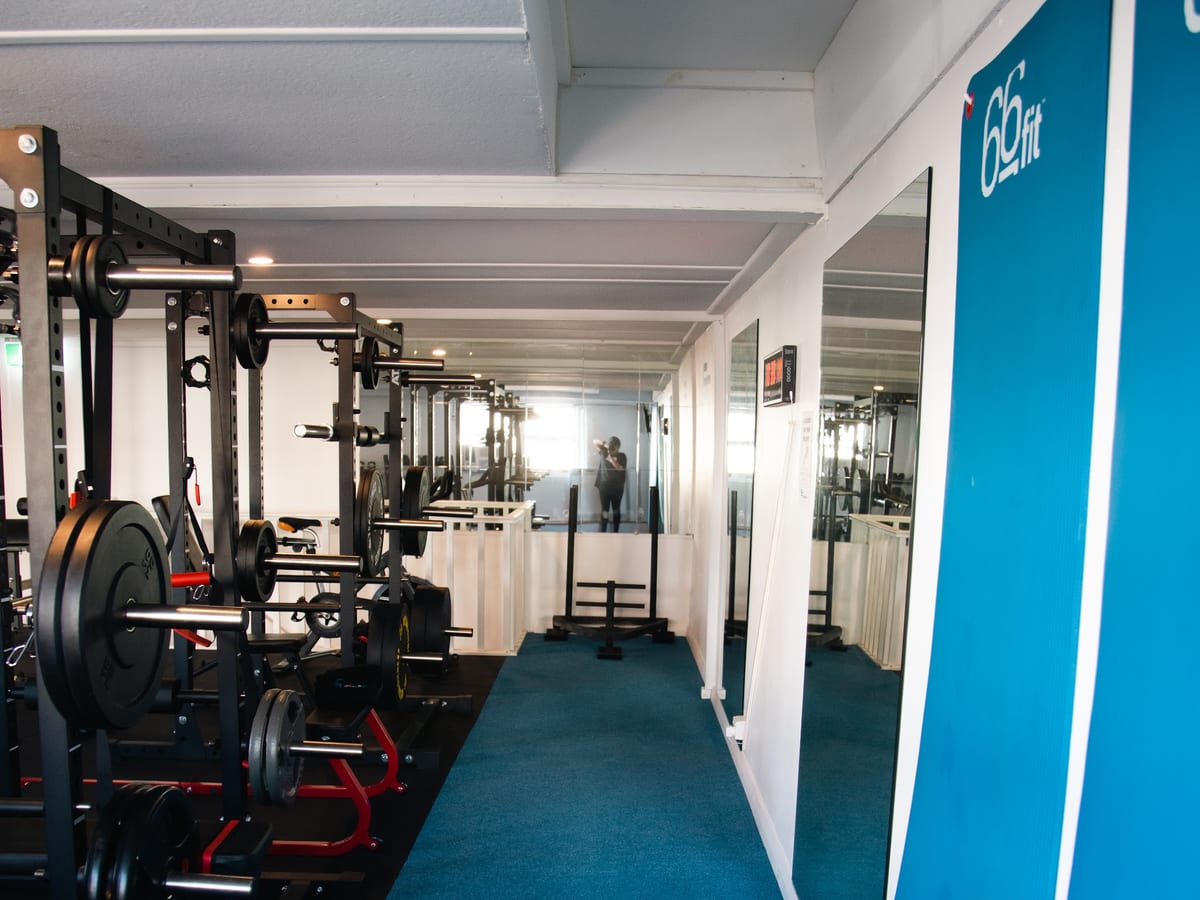 Blue turf runway running the length of the SportsFit Five Dock gym, squat racks alongside